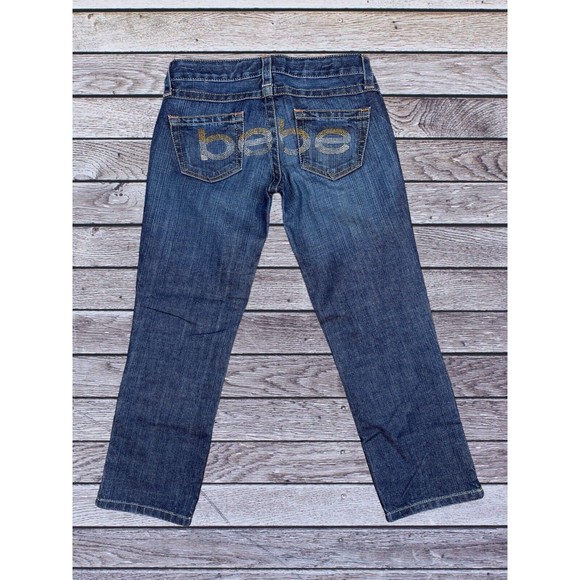 VINTAGE Y2K BEBE BEDAZZLED RHINESTONE KAYLA SLIM ZIP CROP JEANS SIZE 27 - Picture 2 of 8